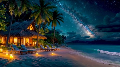 夜晚星空海边木屋