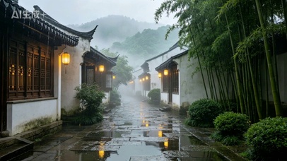 巷陌灯明雨未歇