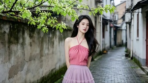 雨后小巷墙边拍照的性感美女2