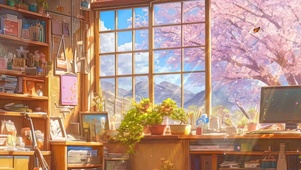 樱花树木房屋带鱼屏