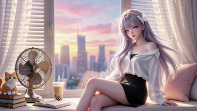 窗边落日紫发美少女
