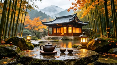 园林雨天落叶