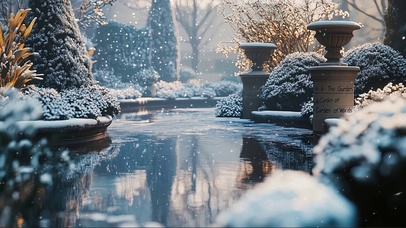 冬日庭院静谧池面飘雪