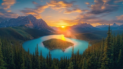 清新黄昏松林湖畔孤岛