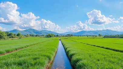 稻田远山晴空