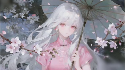 撑伞接落花的旗袍少女