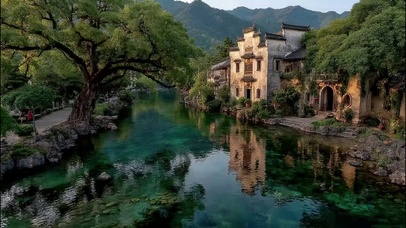 夏日静谧黄昏河岸建筑