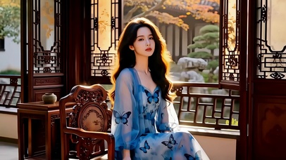 园林古宅池塘回廊茶室悠闲的美女