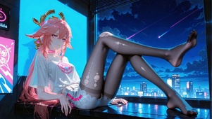 赛博夜景粉发二次元美少女