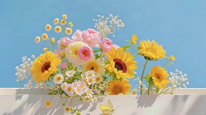 蓝底向日葵花束