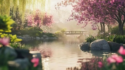 清新春日河岸柳树湖畔