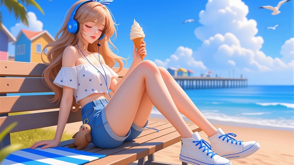 3D卡通二次元插画，戴蓝色头戴耳机的浅金长发少女手持冰激凌，身侧木质长椅摆放海豹毛绒挂件，背景是夏日海滨沙滩，远处可见海面、栈桥与彩色小屋。