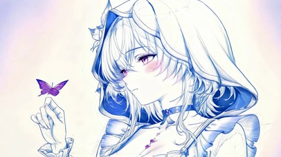 蓝线画指尖紫蝶少女