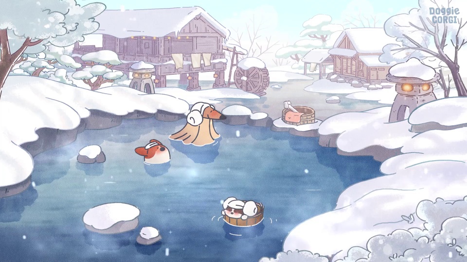 冬日露天温泉场景，三只泡在水中的卡通狗狗，背景是积雪覆盖的日式木屋、石灯笼与石制水车，整体为清新平涂的柔和低饱和色调。