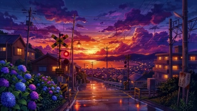 雨夜夕阳铁道口