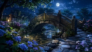 月夜石桥花涧唯美夜景