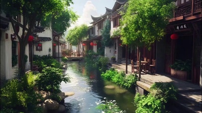 夏日阳光水乡两岸街景