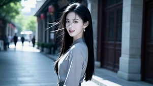 古镇街道上闲逛的长发美女2