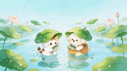 夏日荷塘猫咪和狗狗