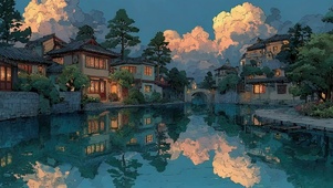 国风山水古城傍晚风景