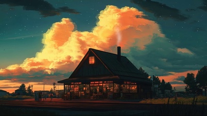 傍晚黄昏复古美式商店