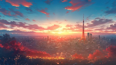 俯瞰落日京都城市风光