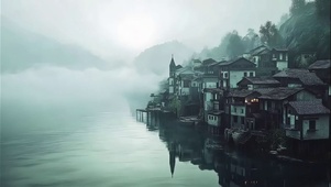 阴天朦胧云雾湖畔古城