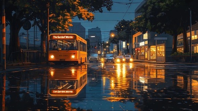 雨天城市马路巴士风景