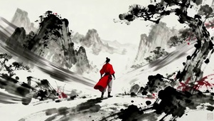 水墨风红衣武侠少侠一览众山小