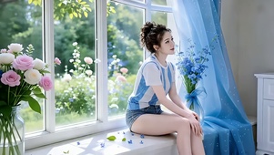 光亮鲜花窗台上独坐的长腿美女
