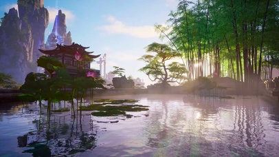 古风湖边竹林楼阁