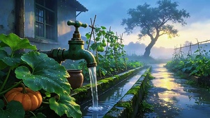 晨光葫芦藤下的流水潺潺