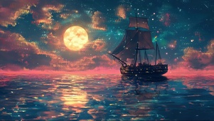 月下星空浪漫帆船大海