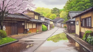雨天日式静谧无人街道