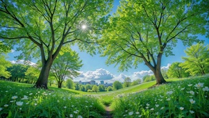 晴朗阳光绿草地治愈风景