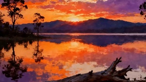 油画夕阳树木带鱼屏
