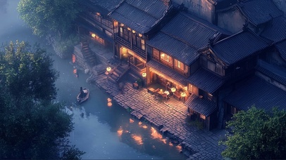 俯瞰阴雨古城河岸建筑