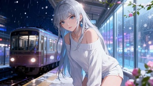 雨夜站台银发二次元美少女