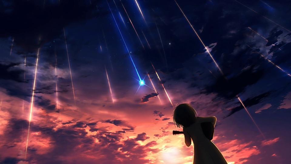 抱吉他的少女剪影 晚霞流星夜空