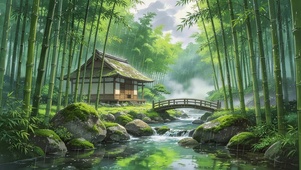 竹林溪水小屋