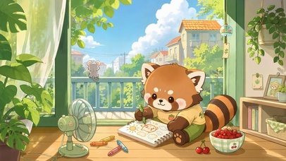 夏日窗边画画的小熊猫
