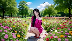 蹲在鲜花小道里比心的性感美女2