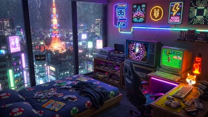 霓虹游戏雨夜房间