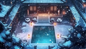 冬日蓝调飘雪古建池塘