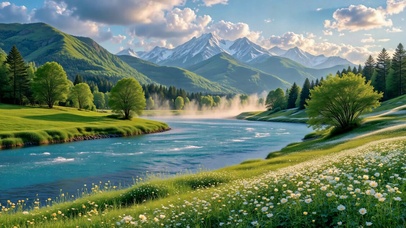 清新治愈河谷雪山风景