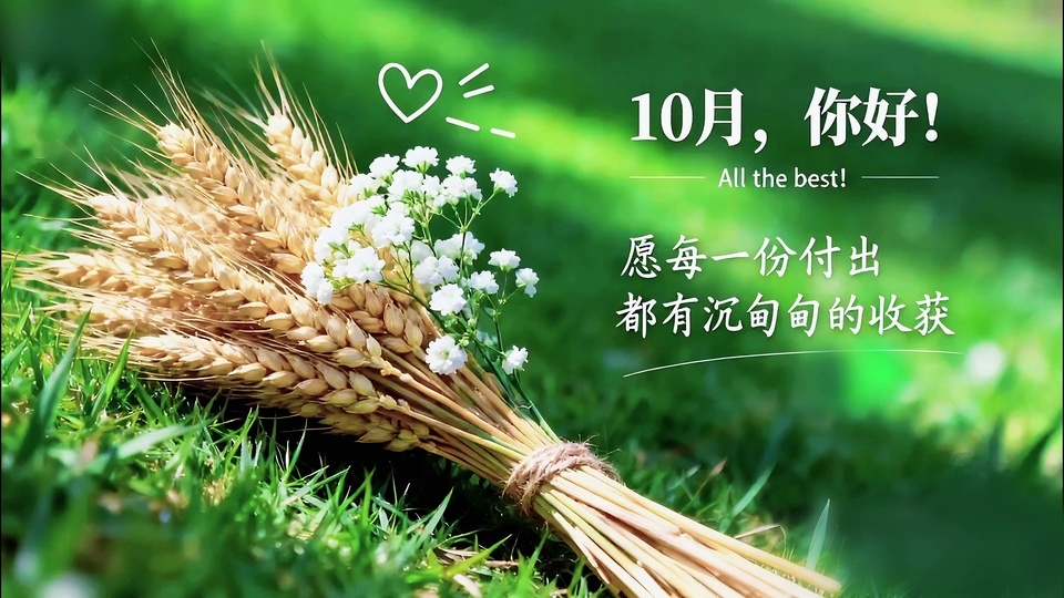 鲜绿草地上摆放着麻绳捆绑的金黄麦穗与白色细碎小花，画面右侧印有十月问候文字