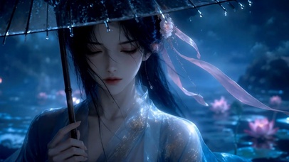 雨夜荷塘古风撑伞美人