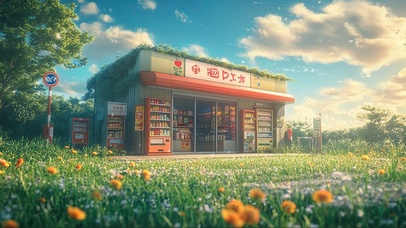 草地花海蓝天白云书店