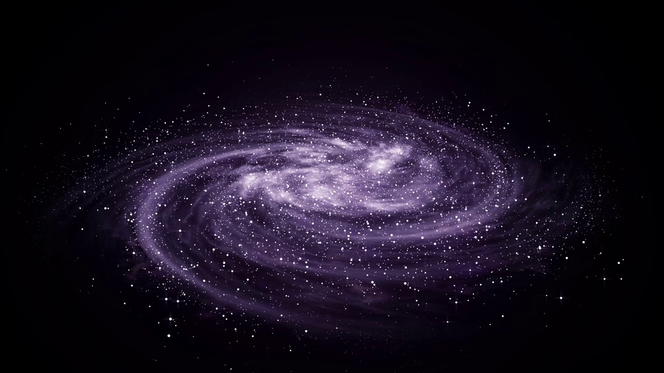 纯黑深空背景中的螺旋紫色银河，四周散布细碎白色星点。