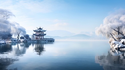 冬湖古亭美景